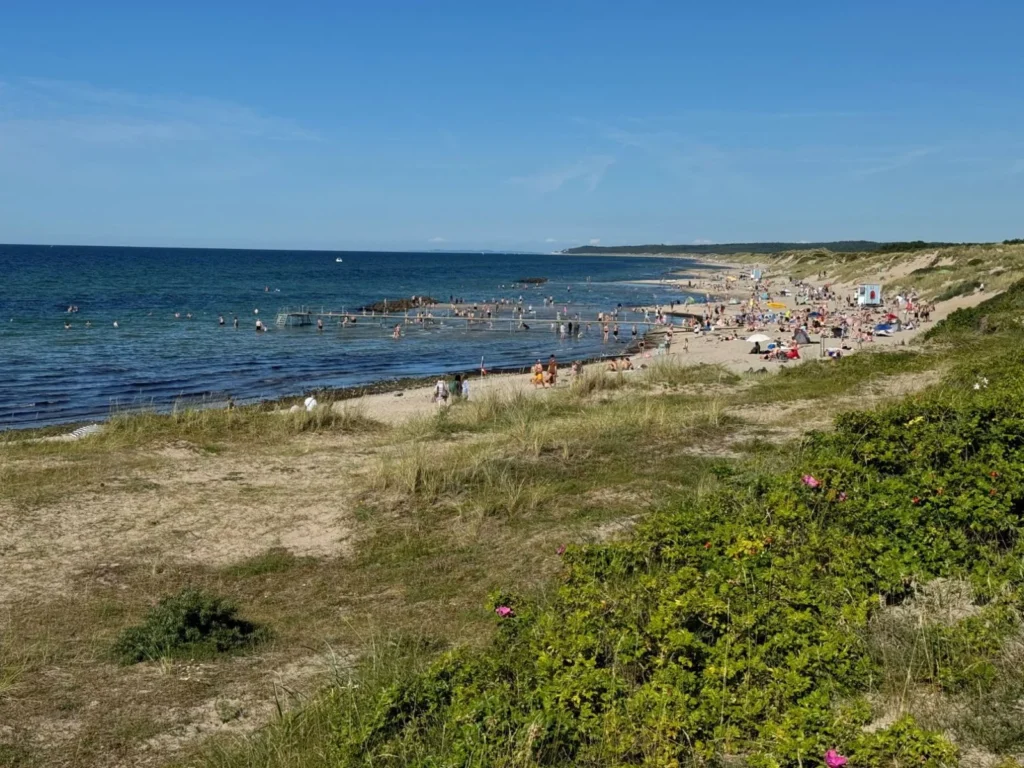 Badegæster på Liseleje Strand med badebro, klitter og blå himmel