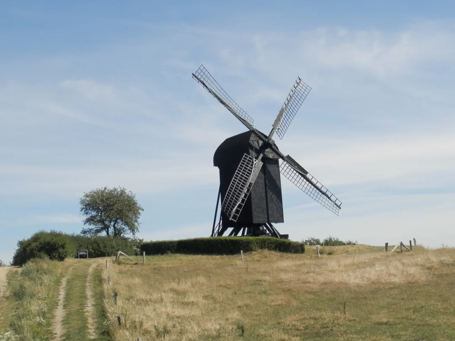 Pibe Mølle på møllebakken med grønne træer og blå himmel – foto fra 2013