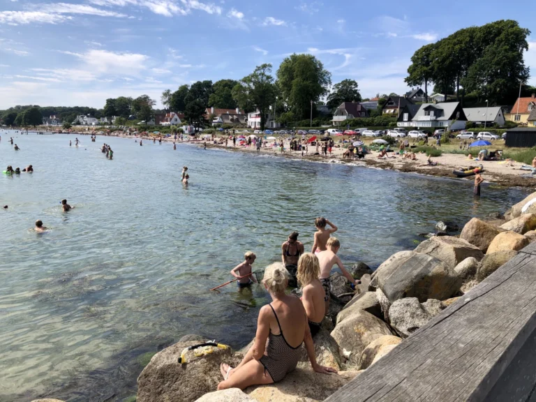 Badegæster ved Snekkersten Strand og grønne træer langs Strandvejen